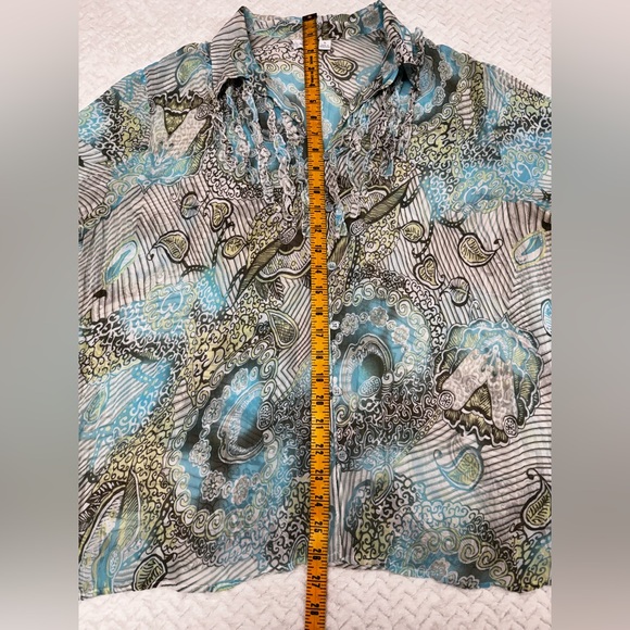 Apt. 9 Sheer Long Sleeve Blouse Blue Grey Olive with Ruffle Detail XL - Picture 9 of 9